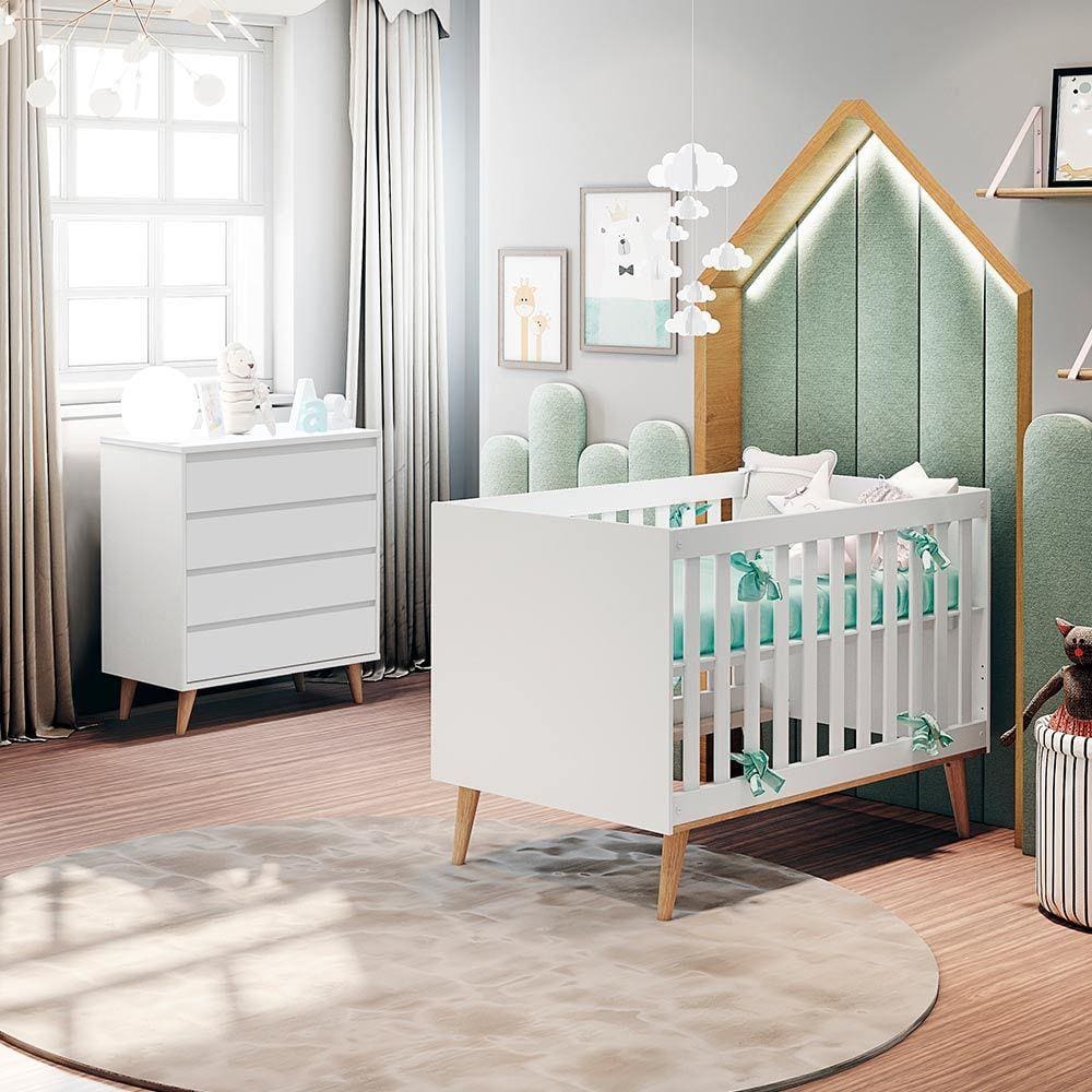 Conjunto Infantil Cômoda 4 Gavetas Lorena, Berço Mini Cama Ludmila Bétula
