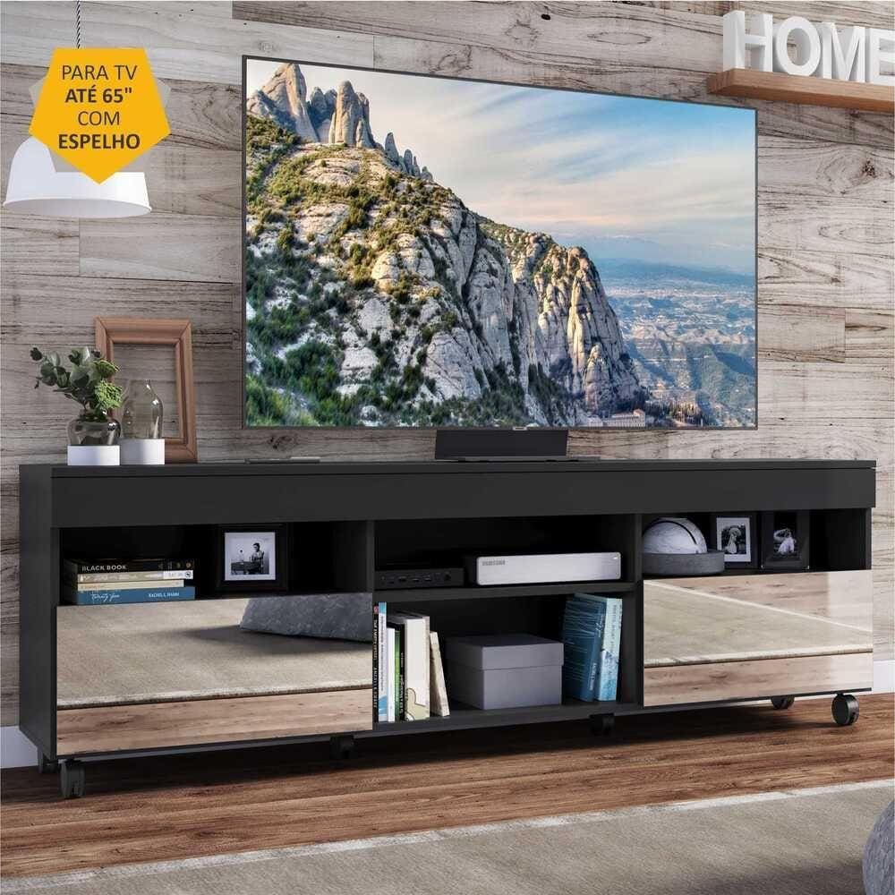 Rack TV 65" com Espelho, Rodízios e 2 Portas Paris Multimóveis