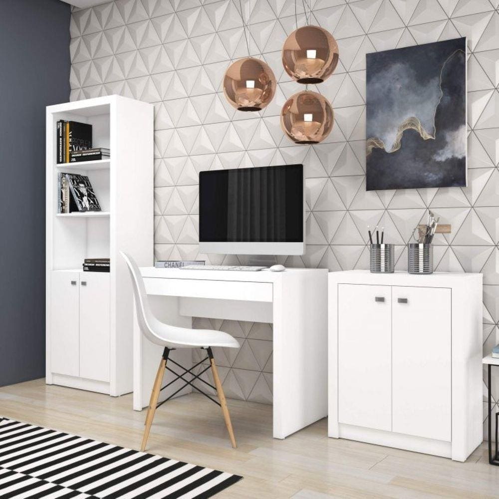 Conjunto Home Office com Mesa, Estante 2 Portas e Balcão 2 Portas Espresso Móveis Branco