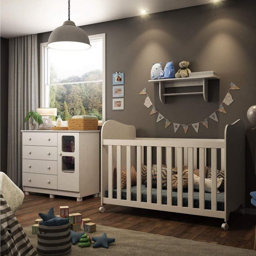 Quarto de Bebê com Berço Americano com Cômoda 4 Gavetas e Prateleira Uli Móveis Peroba Branco