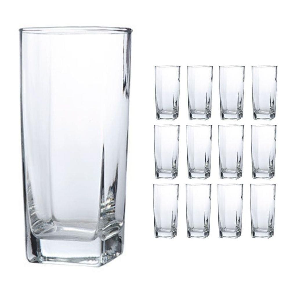 Jogo De 12 Copos Vidro Bali Quadrado Luxo 320ml Transparente