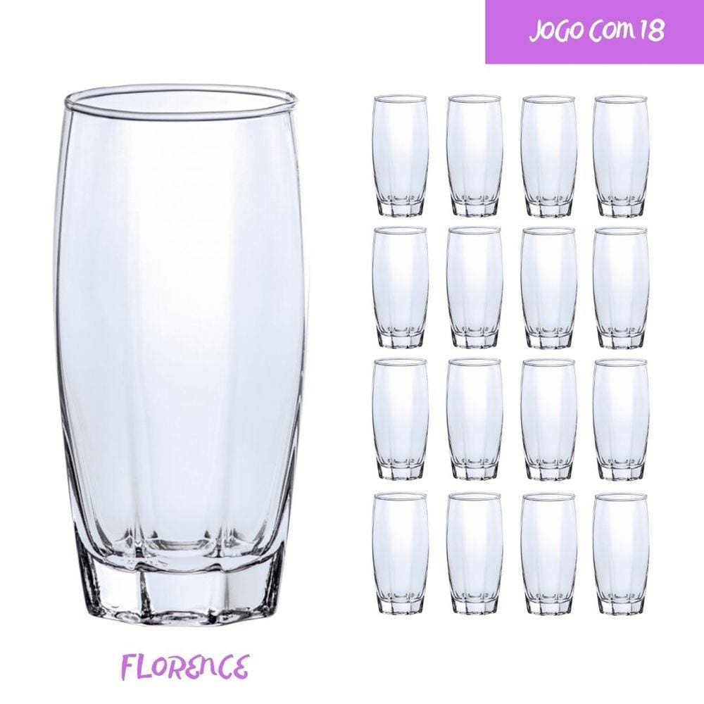 Jogo com 18 Copos Vidro Florence Luxo 370ml Transparente