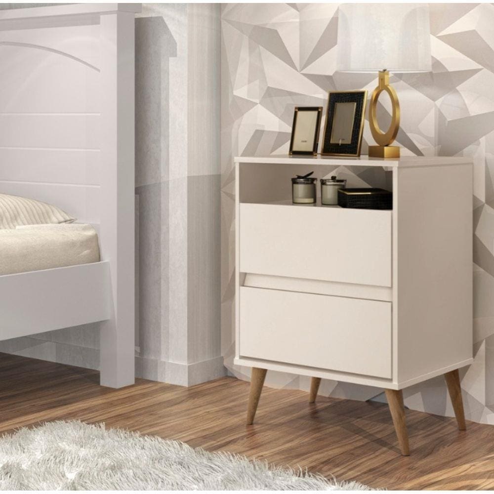 Mesa de Cabeceira Estilo Retrô Pés Palito 2 gavetas Lotus - Off White - Comprar Moveis Em Casa