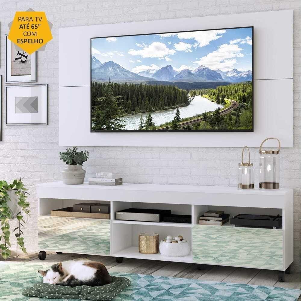 Rack com Espelho, Rodízios e Painel TV 65" e 2 Portas Londres Multimóveis