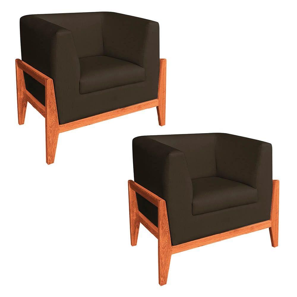 Kit 02 Poltronas Lucy Linho Base Madeira Castanho D`Rossi