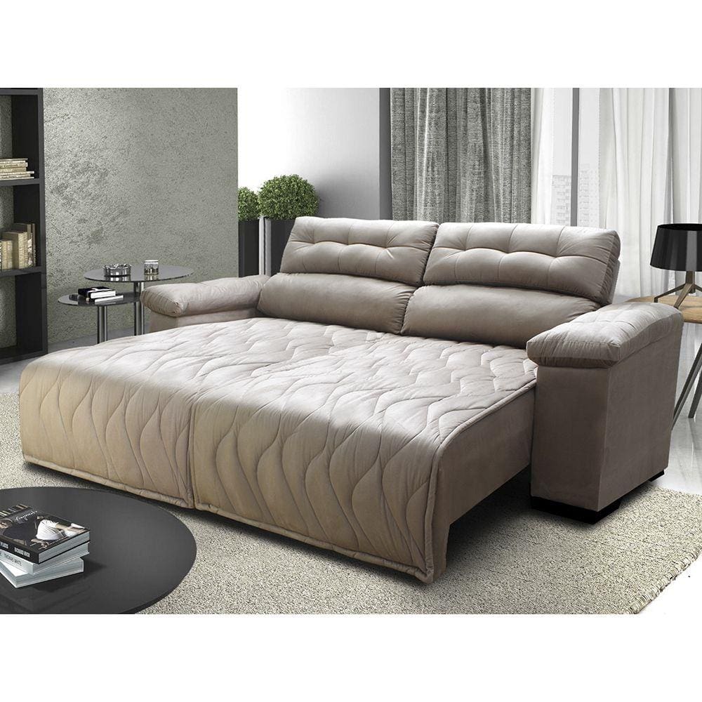 Sofá 2,72m Retrátil e Reclinável com Molas Cama inBox Top Tecido Suede Velusoft Bege