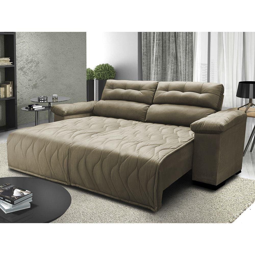 Sofá 2,42m Retrátil e Reclinável com Molas Cama inBox Top Tecido Suede Velusoft Castor