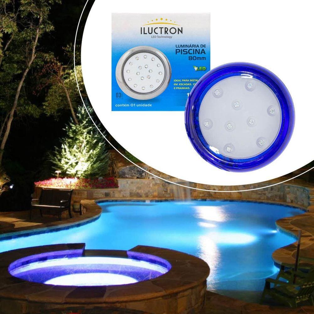 Luminária Piscina Azul Led Ø80mm 9w Luz Azul + Fonte 2A St1847