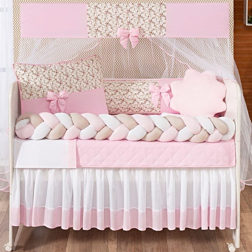 Kit Protetor Berço Americano Trançado Menina Florido Laço Doce de Bebê Rosa 12 com saia de berço