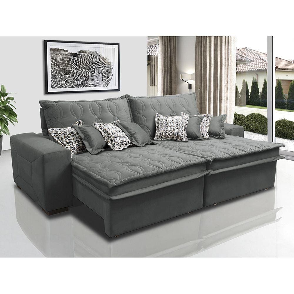 Sofá Retrátil e Reclinável 2,72m com Molas Ensacadas Cama Inbox Supreme Tecido Suede Velusoft Cinza