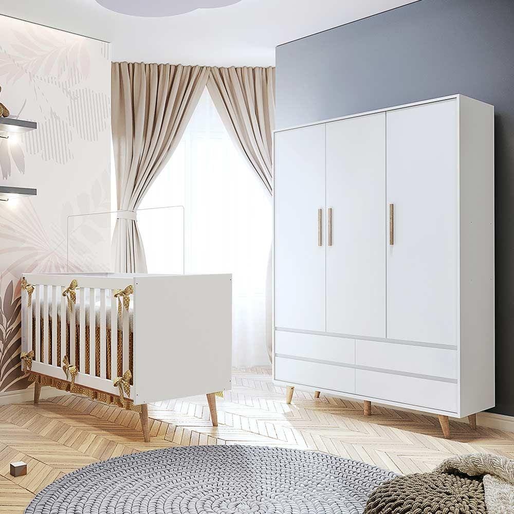 Conjunto Infantil Guarda Roupa 3 Portas Lorena, Berço Mini Cama Ludmila Branco Fosco Bétula Carolina Baby