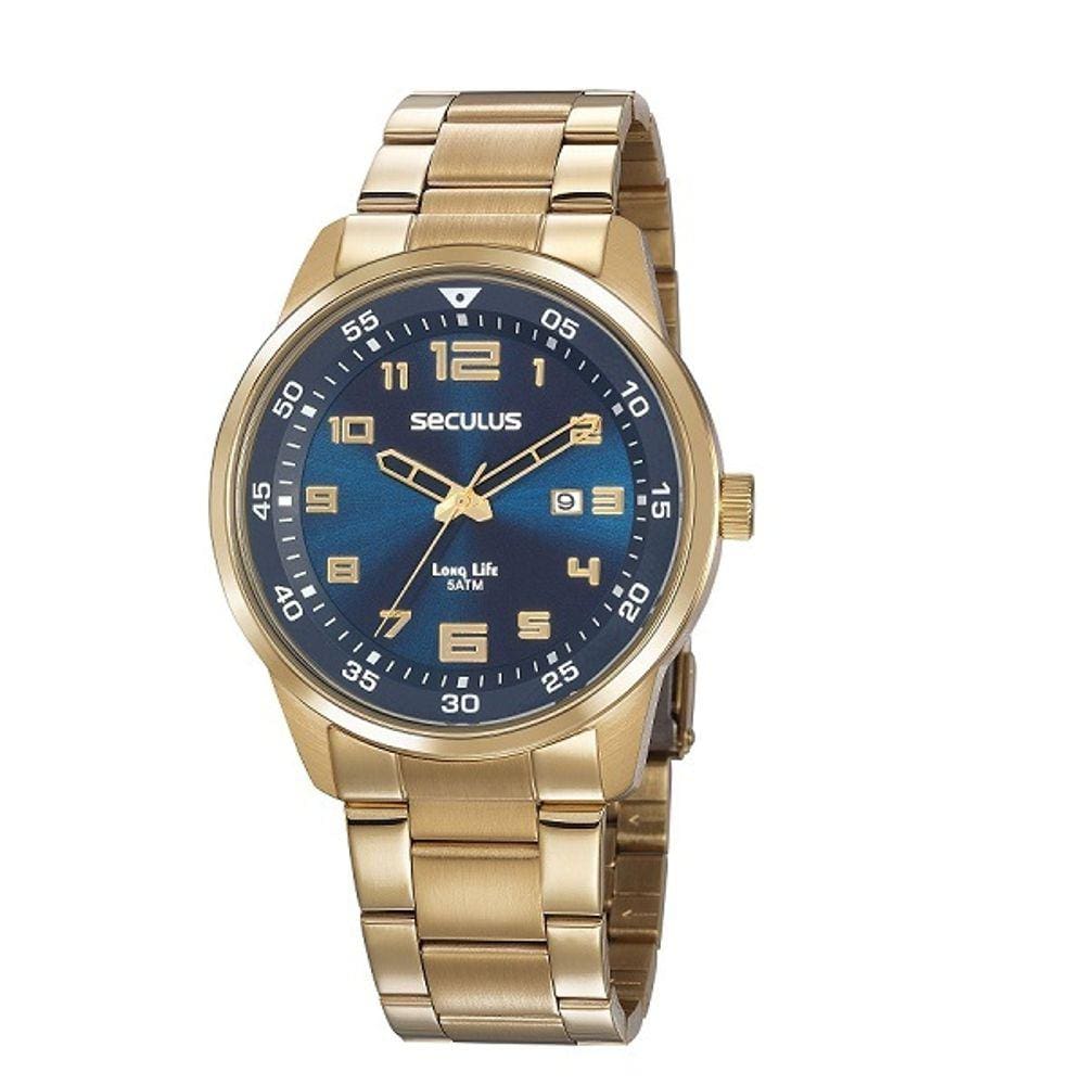 Relógio Masculino Seculus Analógico Dourado Aço Calendário 20802GPSVDA2