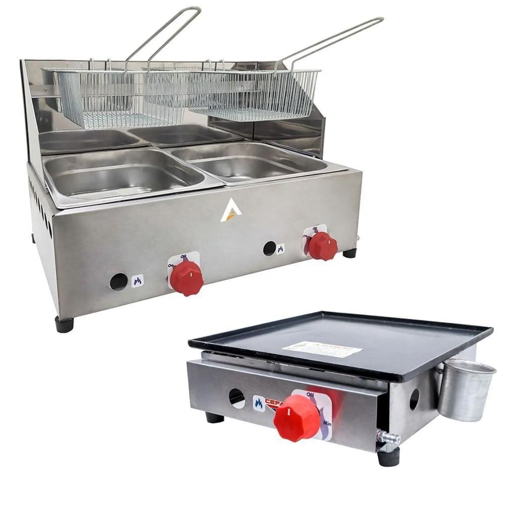 Kit Lanchonete Chapa 30cm e Fritadeira Profissional 2 Cubas Alcamar