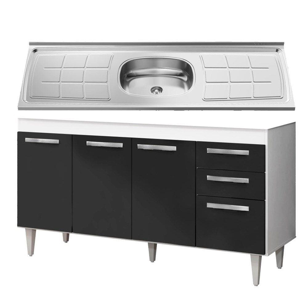 Balcão Gabinete Lis com Pia Inox 150cm 4 Portas L03 Branco/Preto - Mpozenato