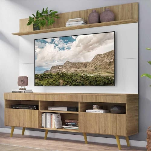 Rack com Painel TV 65" Madri Multimóveis Rustic/Branco com Prateleira e Pés Retrô Natural Menor preço em Rack com Painel TV 65" Madri Multimóveis Rustic/Branco com Prateleira e Pés Retrô Natural