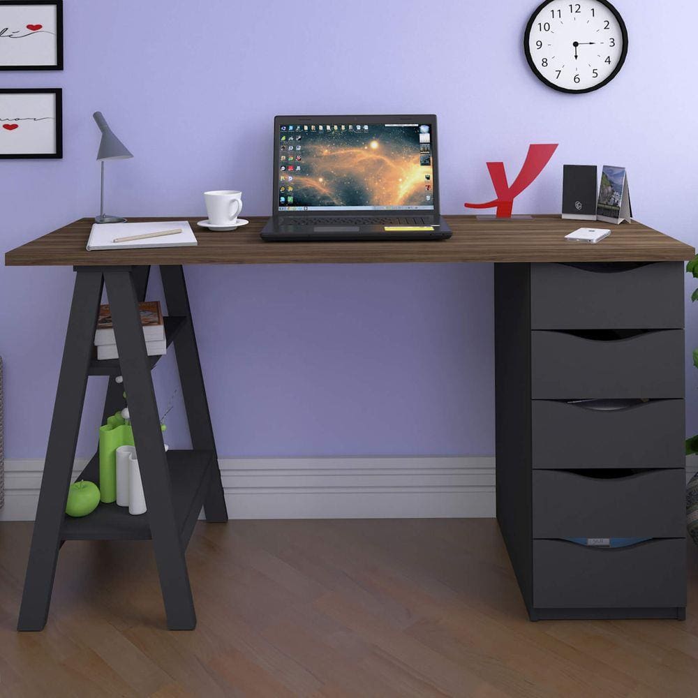 Mesa Escrivaninha Spirit Ii 5 Gavetas Nogal/preto - Artany