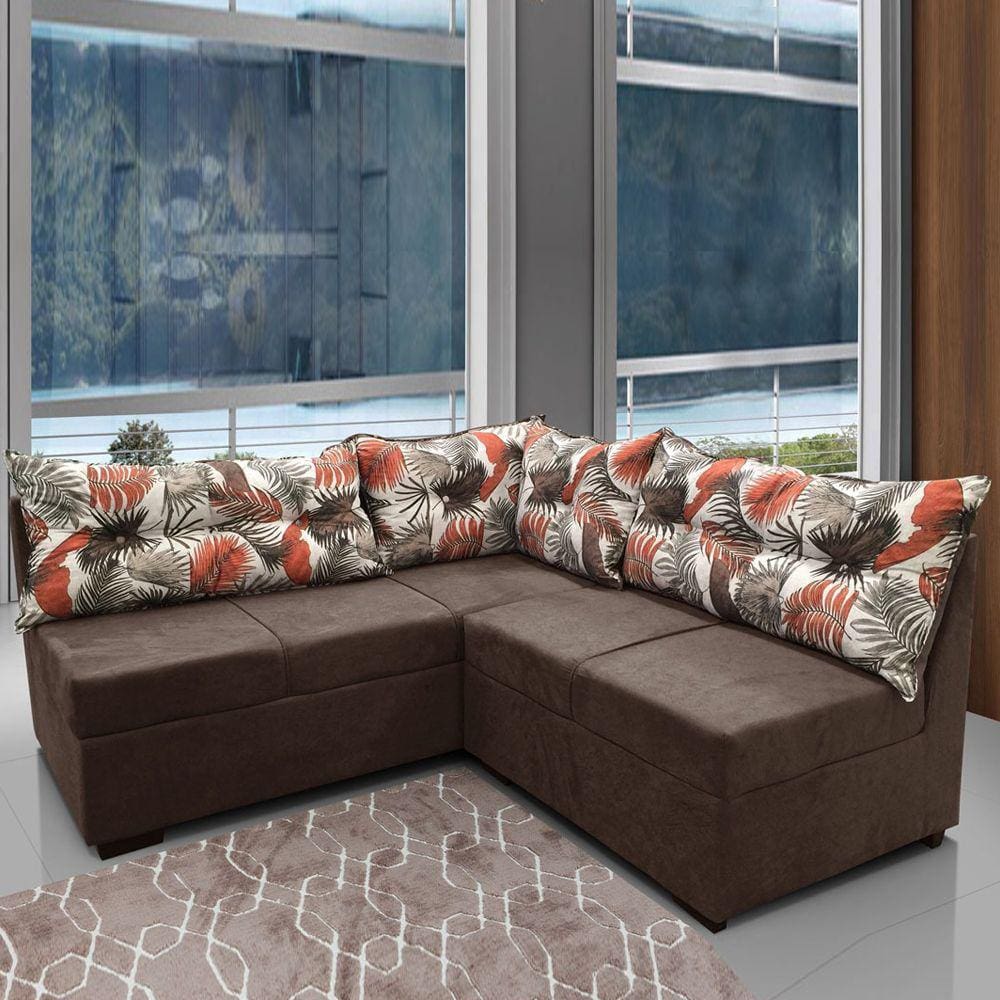 Sofá de Canto 5 Lugares Renaut Suede Marrom / Palmeira