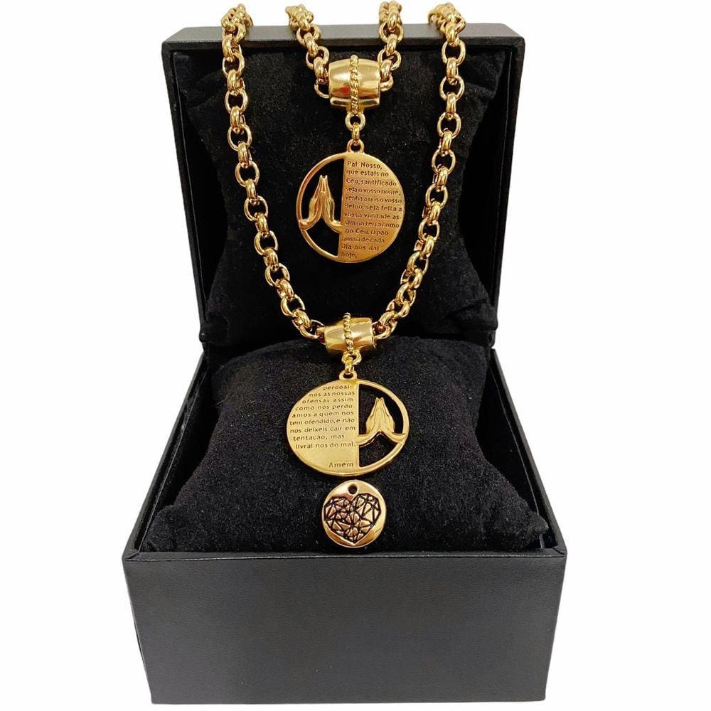 Colar + Pulseira + Oração Pai Nosso Elo Português Grosso 6mm