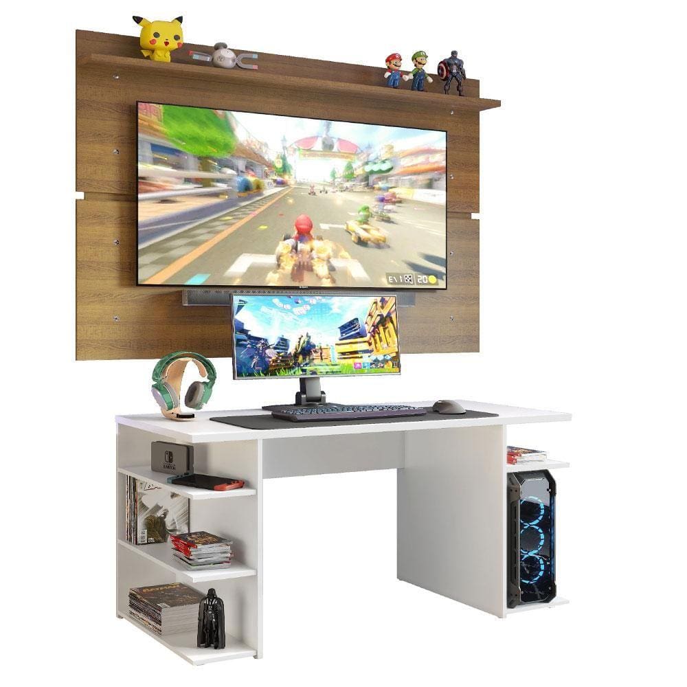 Mesa Gamer Madesa 9409 e Painel para TV até 65 Polegadas - Branco/Rustic
