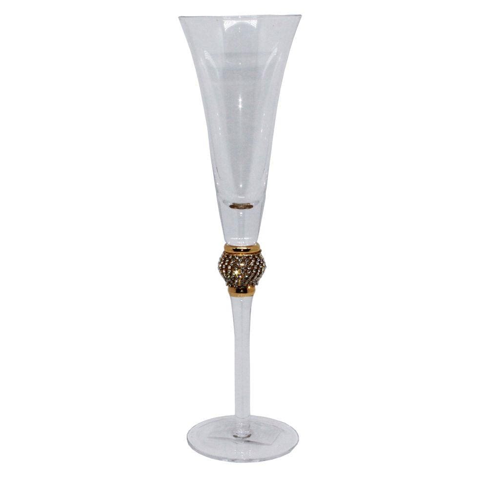 Taça Flauta de Vidro Champagne com Strass Incolor e Ouro 250ml