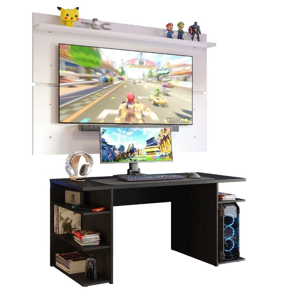Mesa Gamer Madesa 9409 e Painel para TV até 65 Polegadas - Preto/Branco
