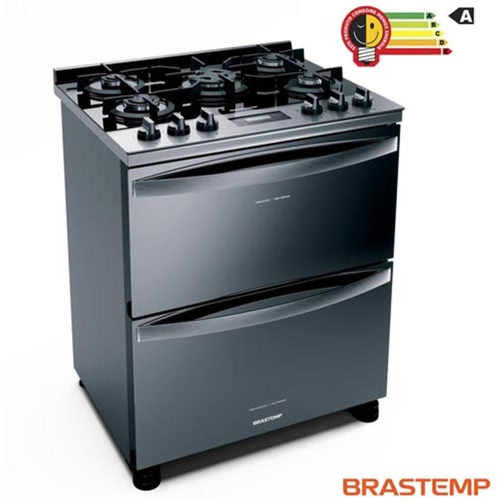 Fogão de Piso Brastemp de 05 Bocas com Duplo Forno e Painel Touch Inox - BFD5VCR