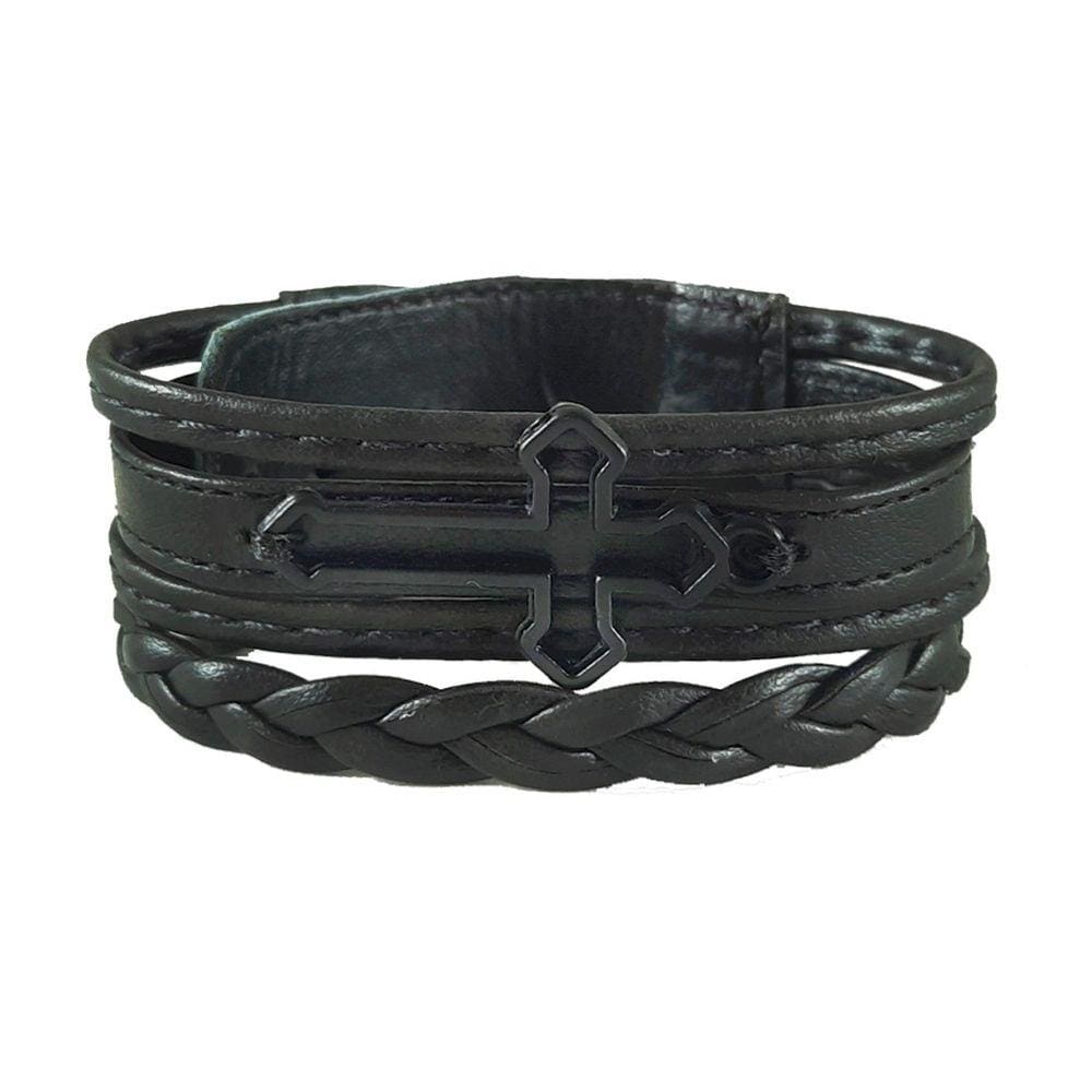 Pulseira Preta  Cruz Couro