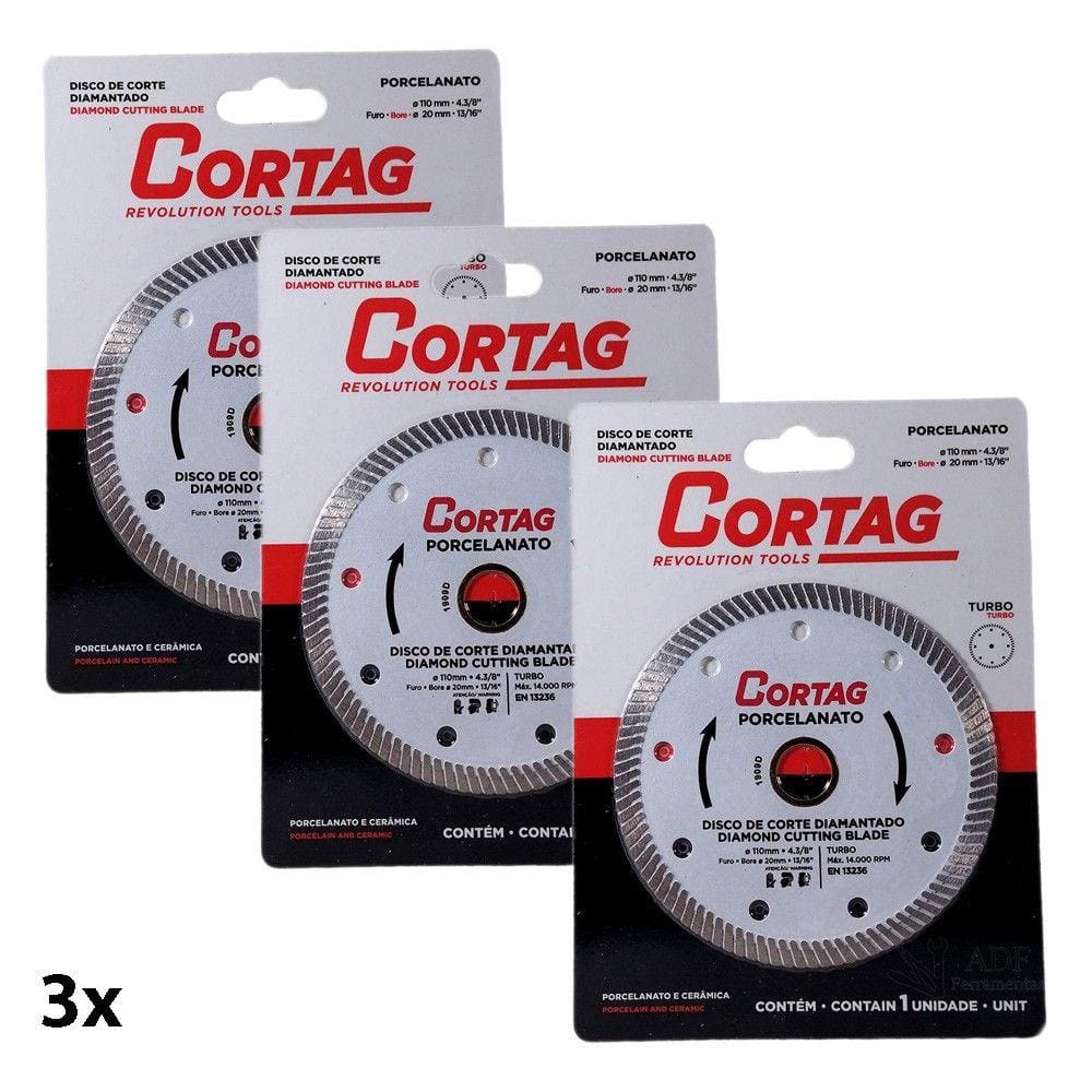 Disco de Corte Diamantado Turbo Fino 110 MM Porcelanato Cortag 3 Unidades