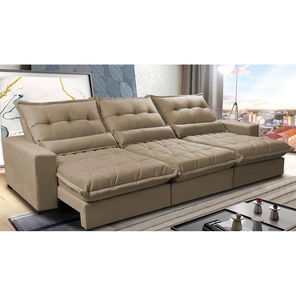 Sofá Retrátil e Reclinável 3,52m com Molas Ensacadas Cama Inbox Soft Tecido Suede Velusoft Castor