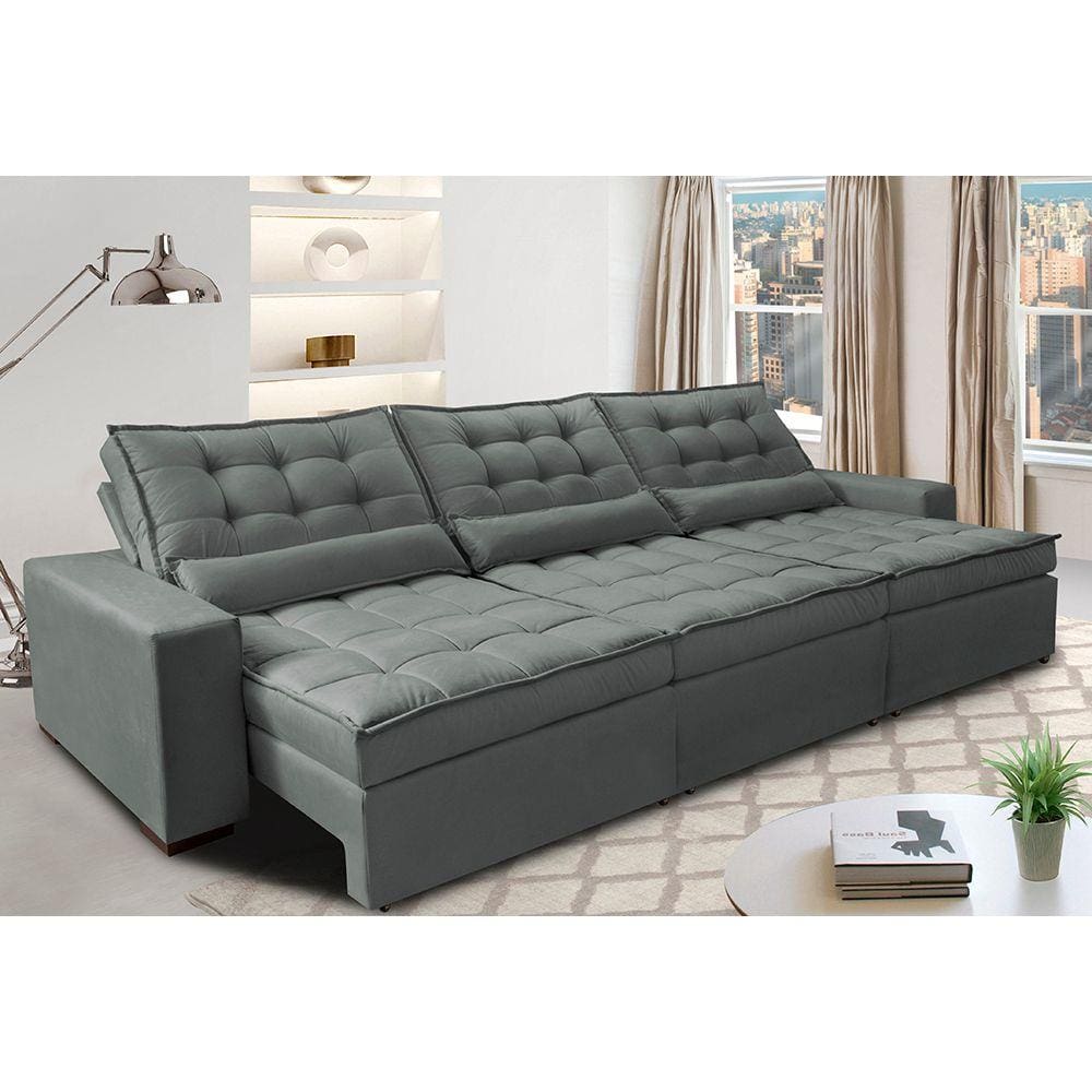 Sofá Retrátil e Reclinável 4,12m com Molas Ensacadas Cama Inbox Gold Tecido Suede Velusoft