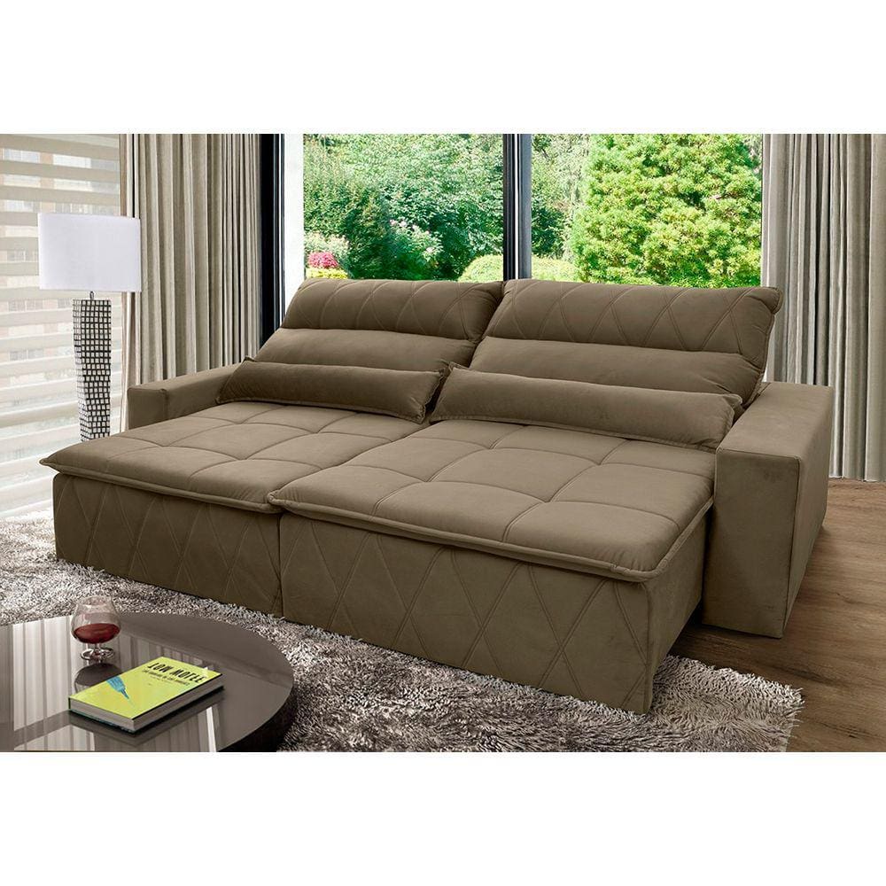 Sofá Retrátil Reclinável Amsterdam 2,10m Suede Velut Bege c/ Molas no Assento - King House