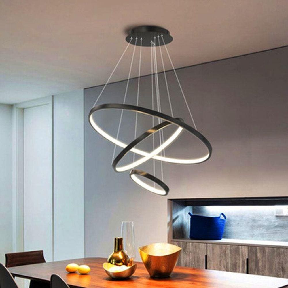 Lustre Pendente 3 Aneis Preto LED 76W 3500K Bivolt