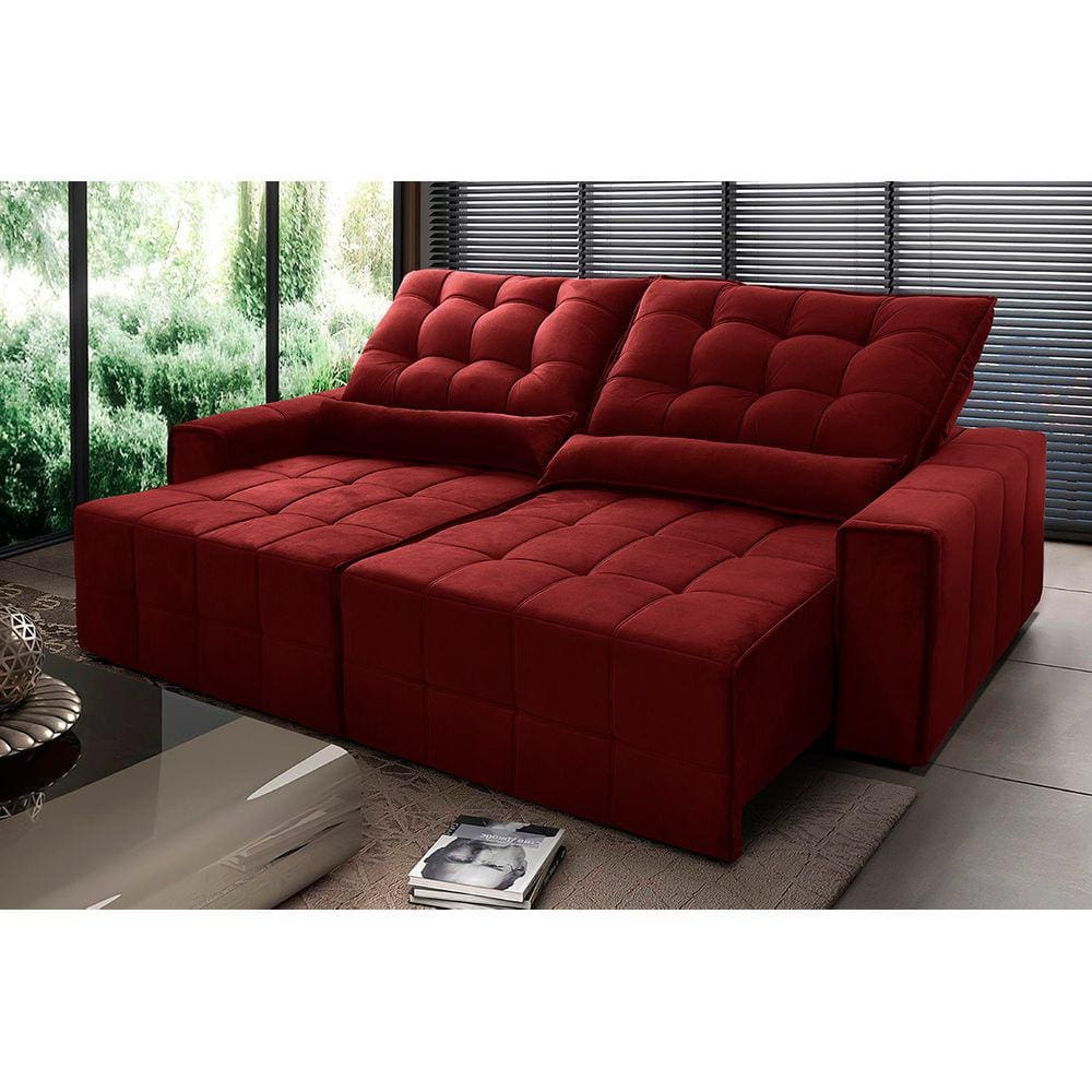 Sofá Retrátil Reclinável Alaska 2,50m Suede Velut Vermelho c/ Molas no Assento - King House