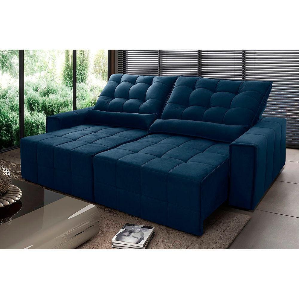 Sofá Retrátil Reclinável Alaska 2,10m Suede Velut Azul Marinho c/ Molas no Assento - King House