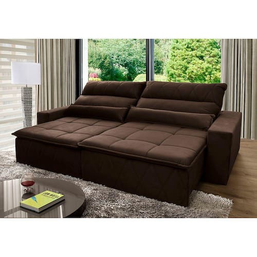 Sofá Retrátil/Reclinável Amsterdam 2,30m Suede Velut Marrom c/ Molas no Assento - King House Menor preço em Sofá Retrátil/Reclinável Amsterdam 2,30m Suede Velut Marrom c/ Molas no Assento - King House