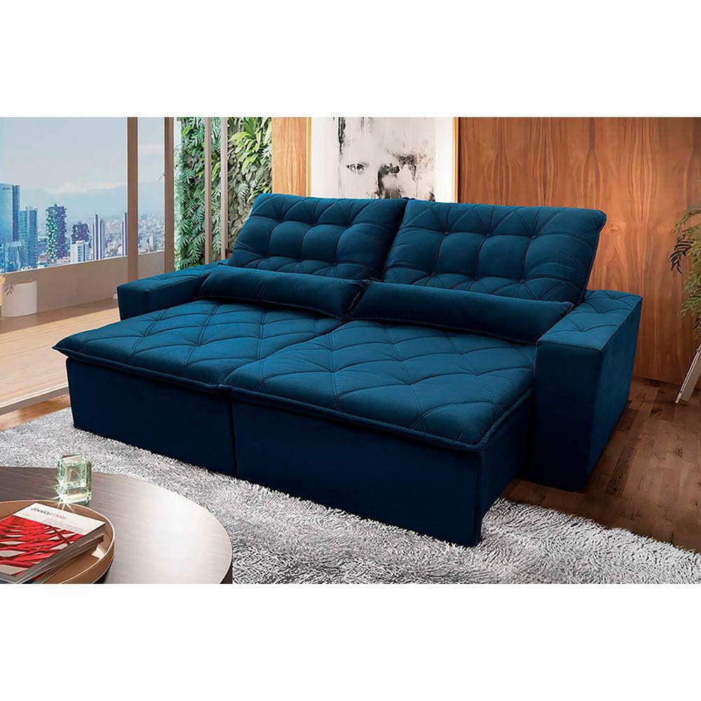 Sofá Retrátil Reclinável Islândia 2,50m Suede Velut Azul Marinho c/ Molas no Assento - King House