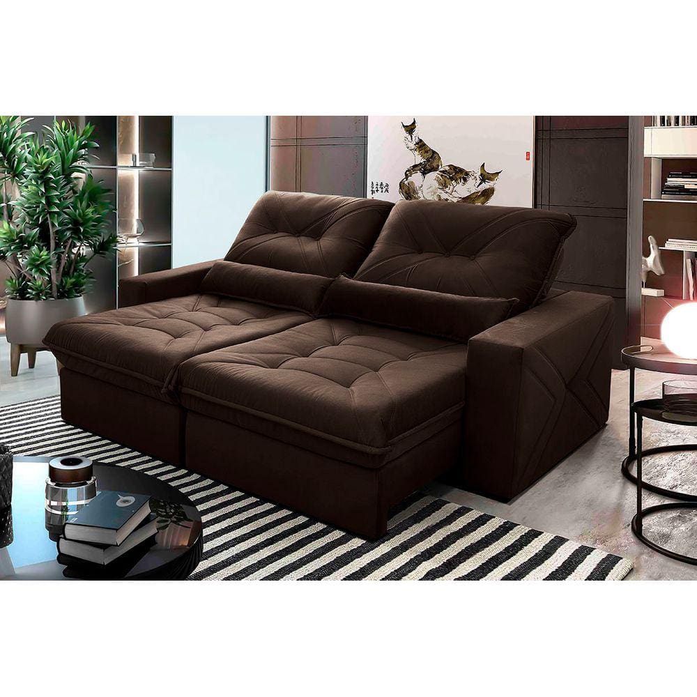 Sofá Retrátil Reclinável Sevilha 2,50m Suede Velut Marrom c/ Molas Ensacadas - King House