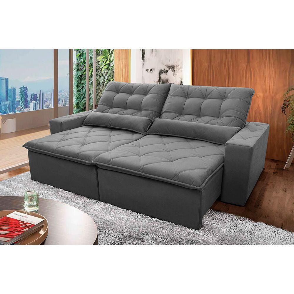 Sofá Retrátil Reclinável Islândia 2,30m Suede Velut Cinza c/ Molas no Assento - King House