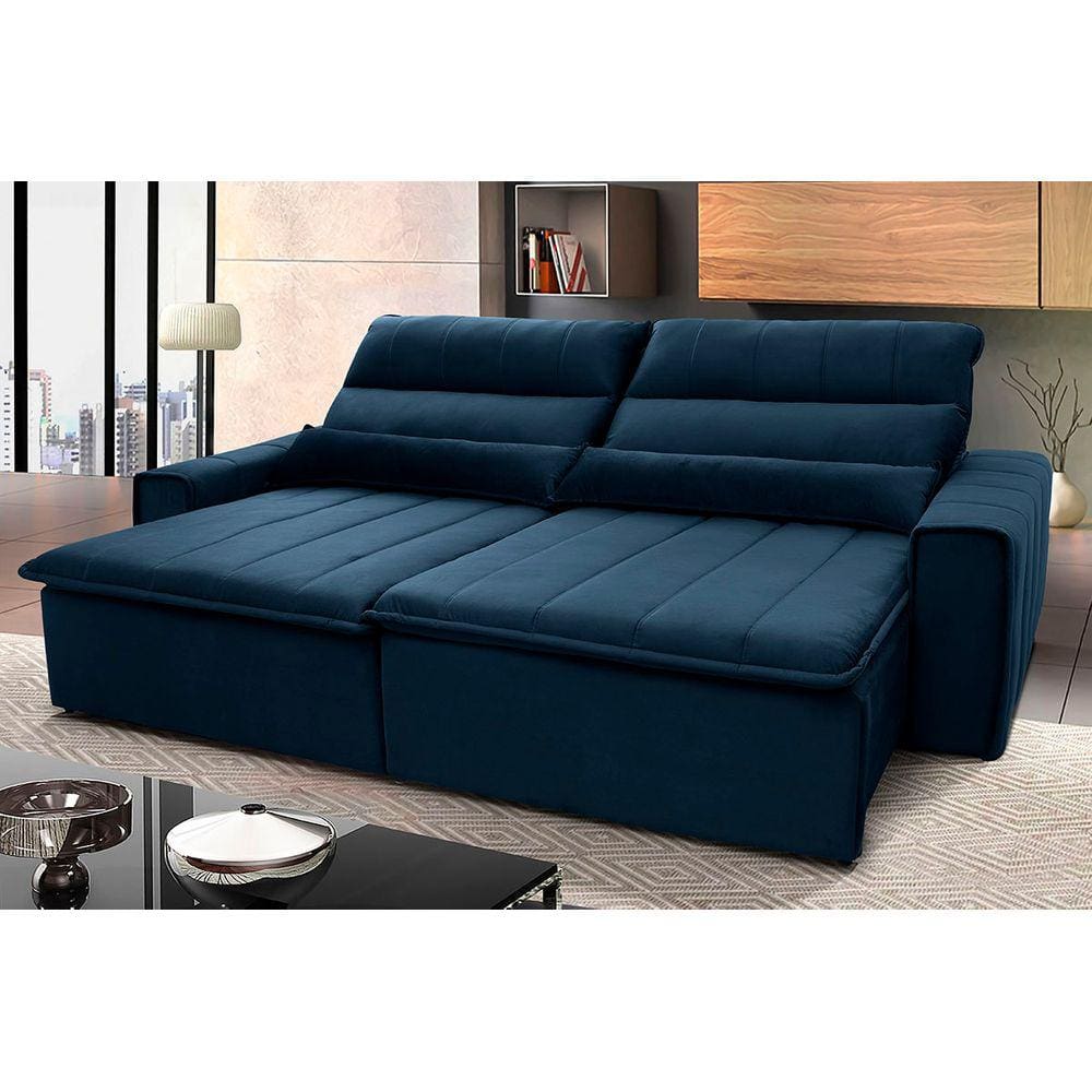 Sofá Retrátil Reclinável Patagônia 2,50m Suede Velut Azul Marinho c/ Molas no Assento - King House
