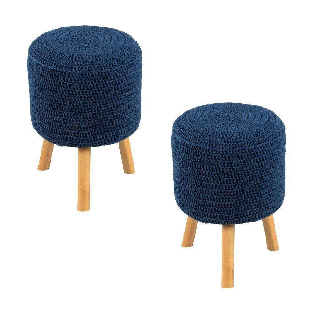 2 Puffs Banquetas Round Crochê Azul Royal Stay Puff