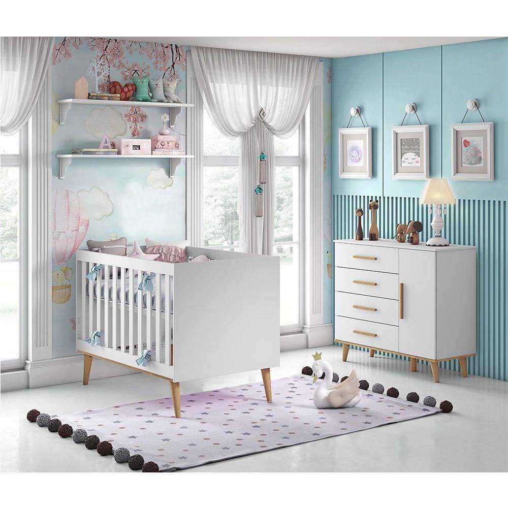 Kit Quarto Infantil Ludmila Branco - Berço + Cômoda com Porta