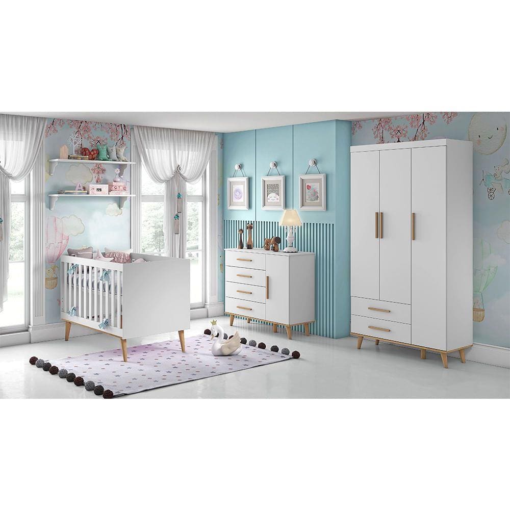Kit Quarto Infantil Ludmila Branco - Berço + Cômoda com Porta + Guarda-Roupa