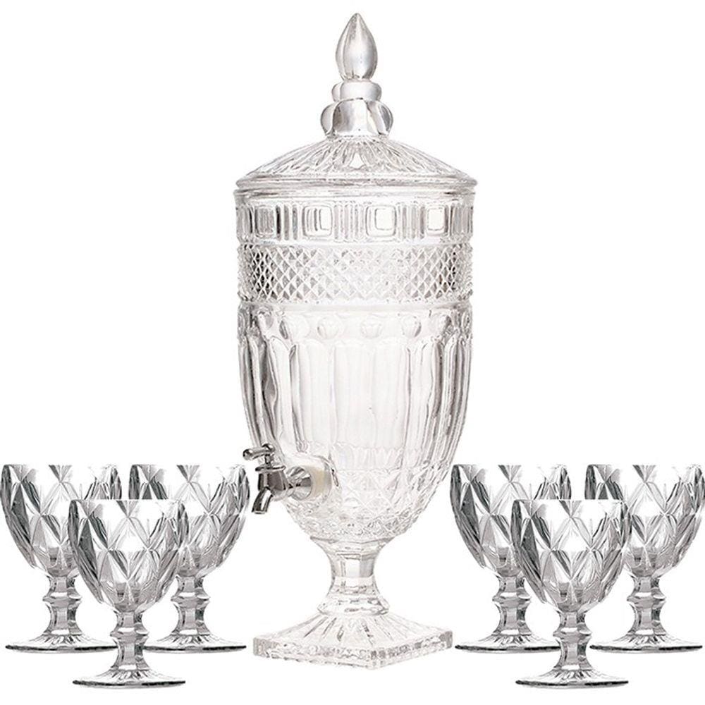 Kit Suqueira Cristal 4,5L + Taças Água Diamante total 7pçs