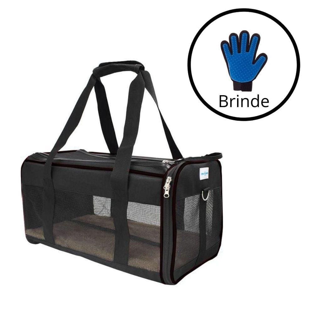 Kit Bolsa Pet Transporte Preta + Luva Tira Pelos