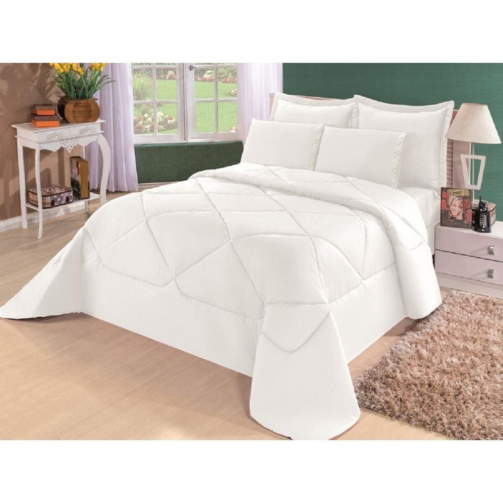 Kit Edredom + Lençol Aconchego Dupla Face Casal Queen 6 Pçs Branco
