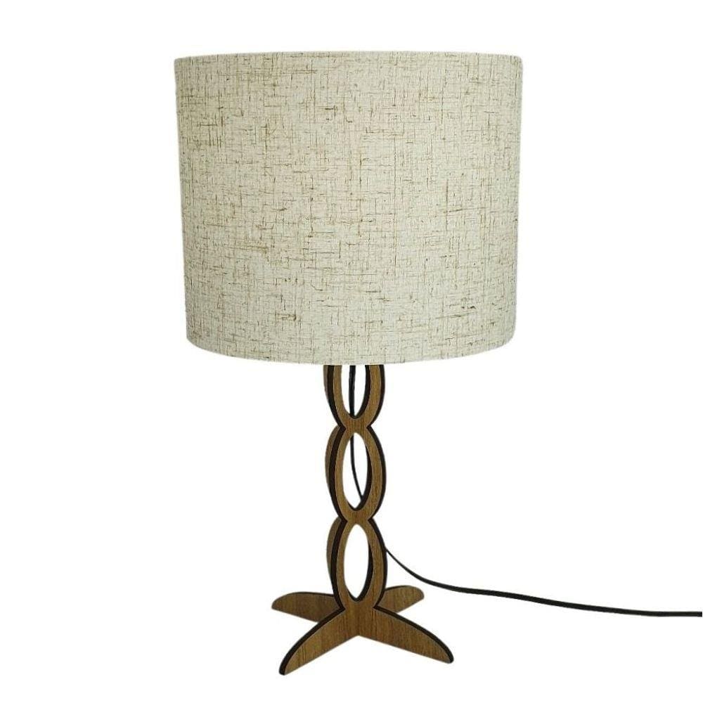 Abajur Base Madeira Elos Marrom e Cúpula Tecido Bege Linho