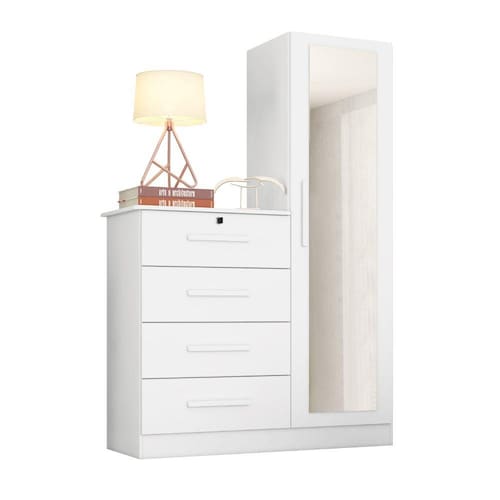 imagem-Guarda Roupas Solteiro com 1 Porta com Cômoda 4 Gavetas e Espelho Belize Plus Branco