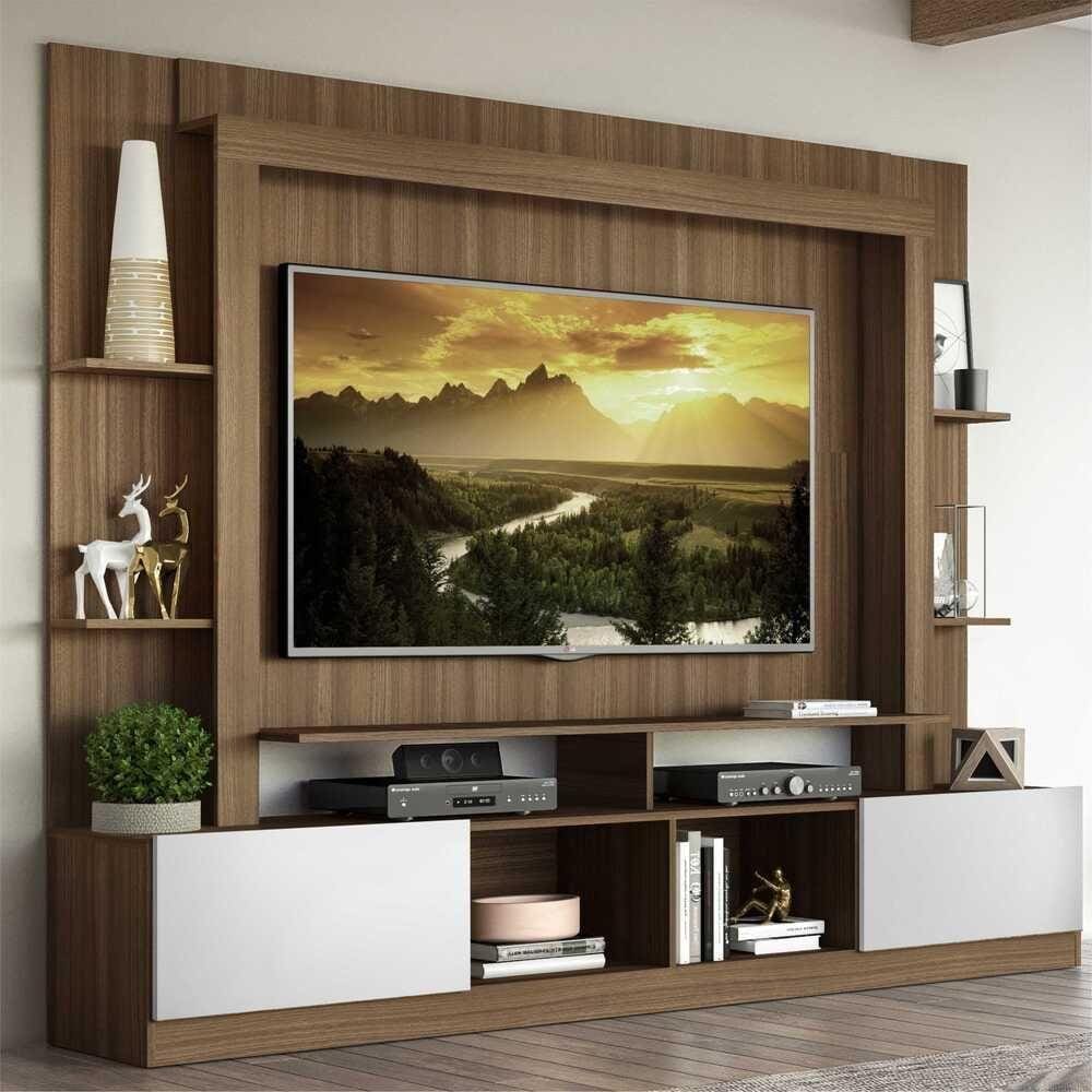 Rack Estante c/ Painel TV 65\" e 2 portas Oslo Multimóveis Madeirado/Branco