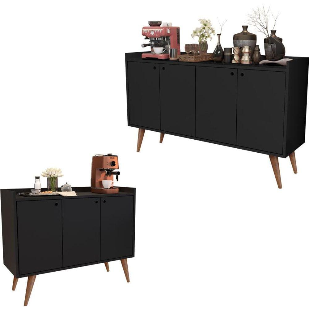 Kit Aparador Buffet Retrô 4 Portas Dallas Preto E Aparador Buffet Retrô 3 Portas Wood Preto