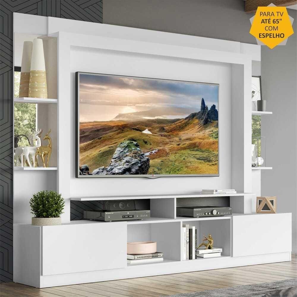 Rack c/ Painel TV 65” Prateleiras c/ Espelho Oslo Multimóveis Branco